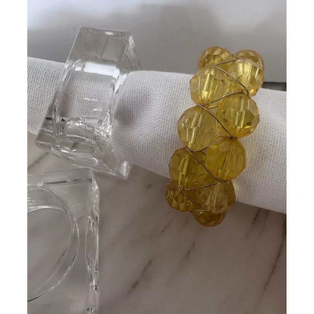 Set of 8 Napkin Rings Clear Square Acrylic and Beaded Amber Yellow Jewel Style